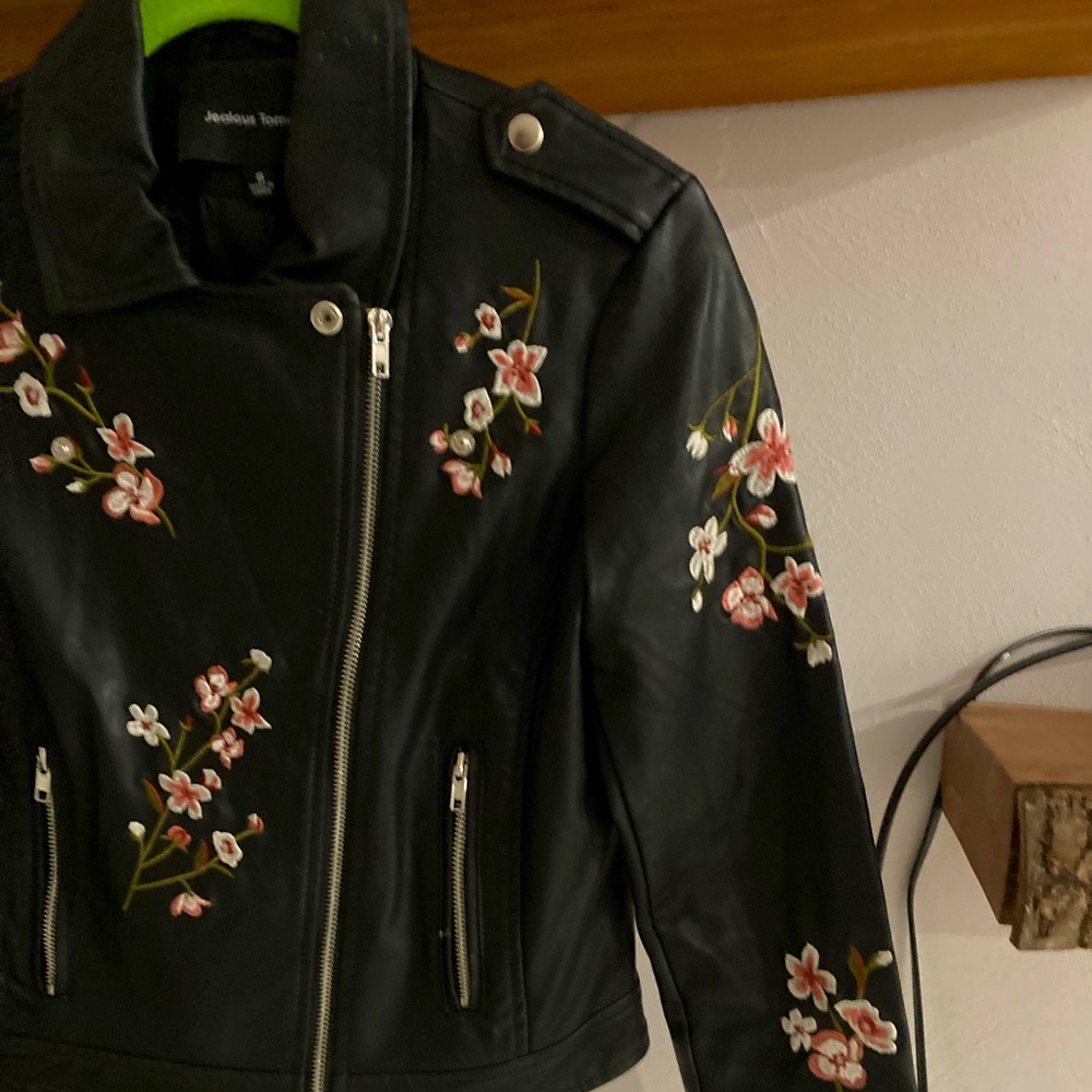 Floral embroidered leather jacket